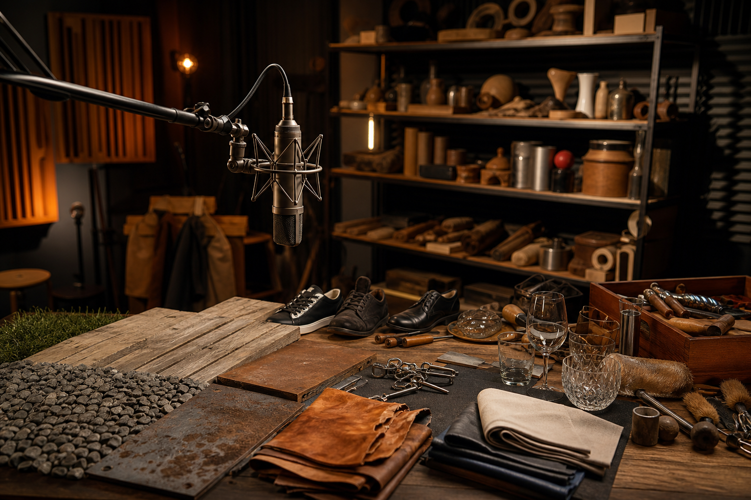 Studio di foley con oggetti e microfono